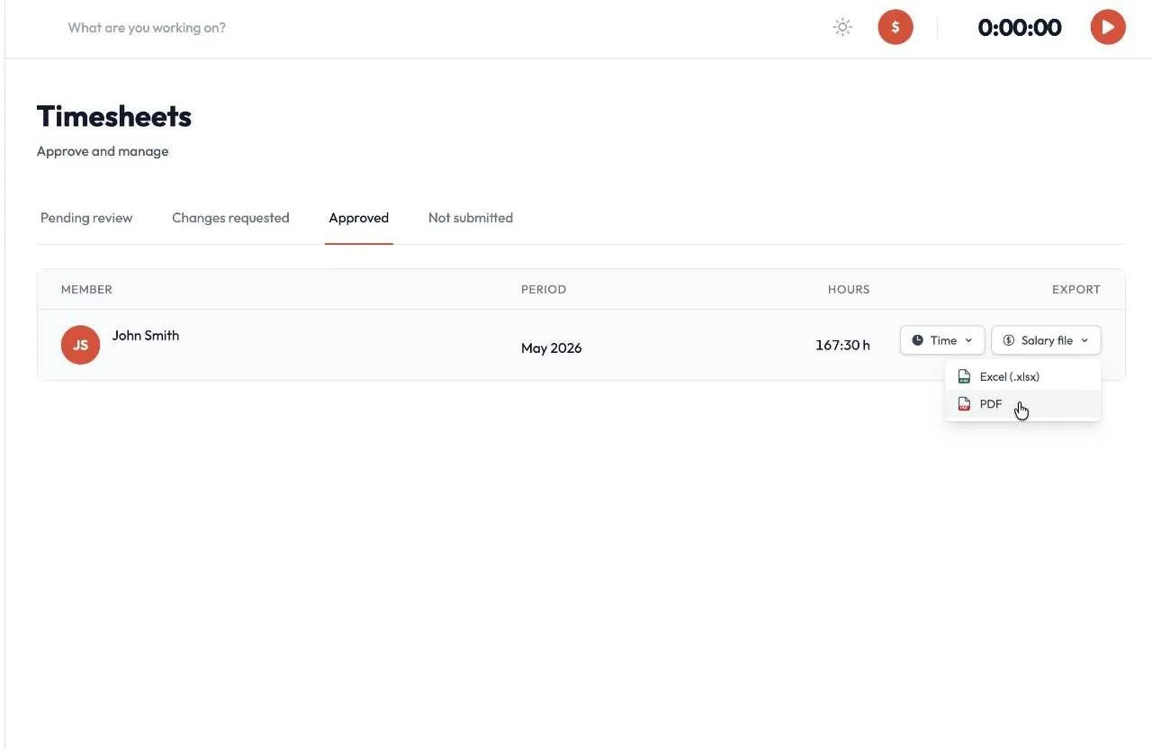 Timesheets view showing approved timesheet with salary export options for Excel and PDF
